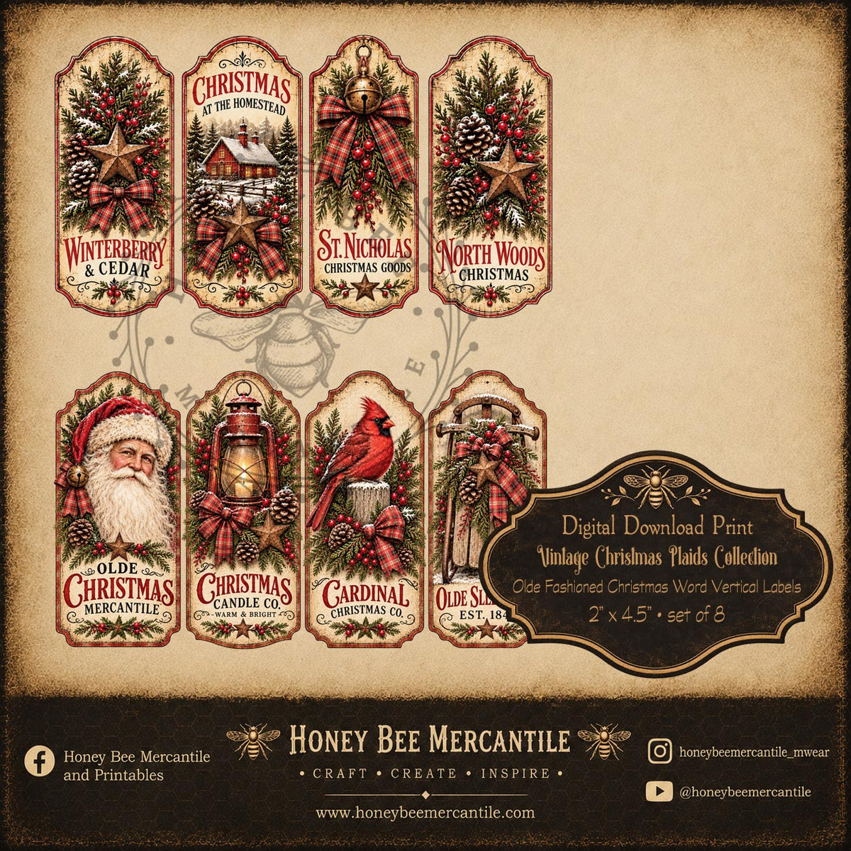 Vintage Christmas Plaids Collection, 2x4.5 Vertical Labels Digital Download, Printable, Decoupage, Craft Supplies