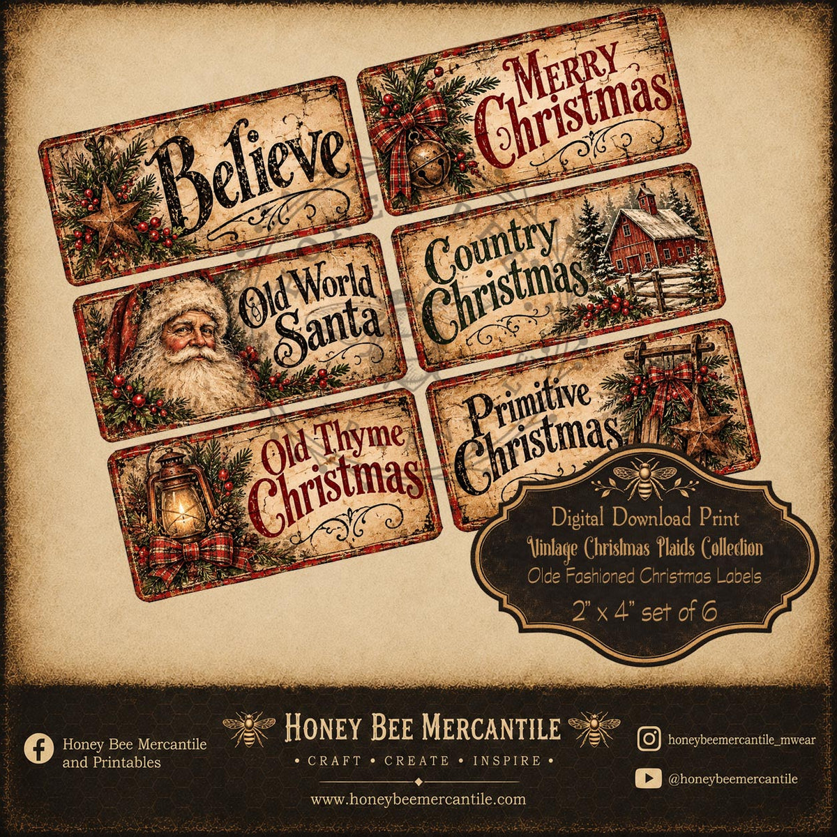 Vintage Christmas Plaids Collection, 2x4 Vintage Labels, Set of 6, Digital Download, Printable, Decoupage, Craft Supplies