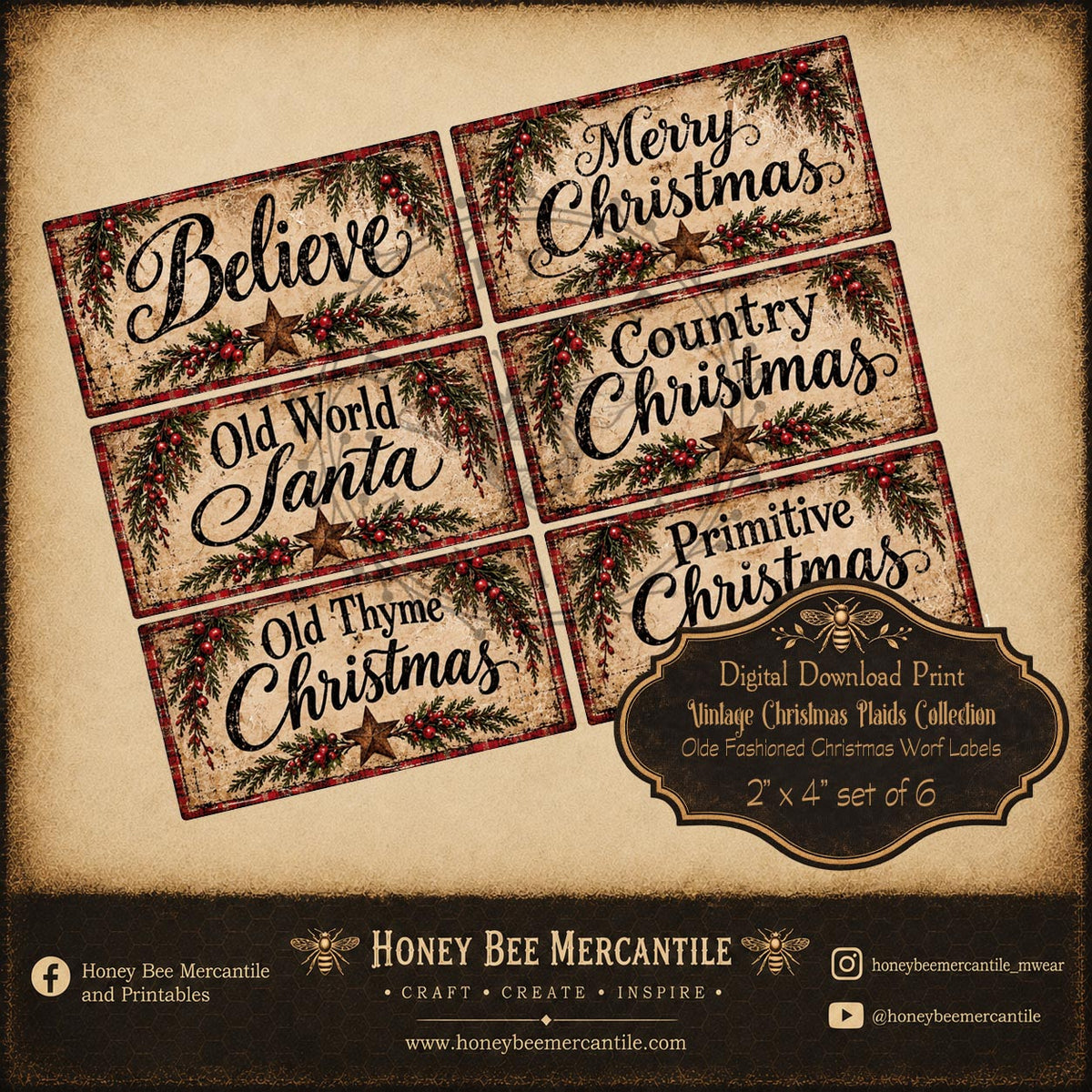 Vintage Christmas Plaids Collection, 2x4 Vintage Word Labels, Set of 6, Digital Download, Printable, Decoupage, Craft Supplies