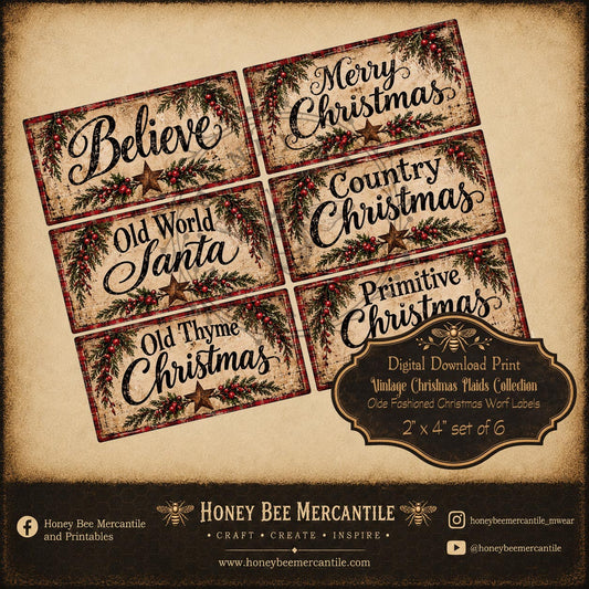 Vintage Christmas Plaids Collection, 2x4 Vintage Word Labels, Set of 6, Digital Download, Printable, Decoupage, Craft Supplies