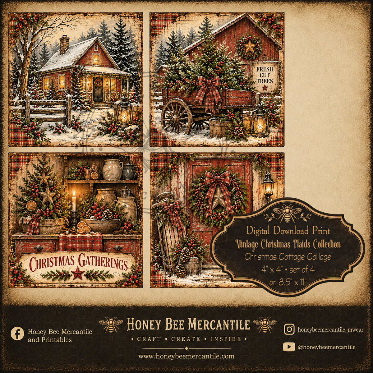 Vintage Christmas Plaids Collection, Vintage Christmas Cottage Collage, Mini Prints, 4x4, Set of 4, Digital Download, Printable, Decoupage, Craft Supplies