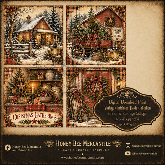 Vintage Christmas Plaids Collection, Vintage Christmas Cottage Collage, Mini Prints, 4x4, Set of 4, Digital Download, Printable, Decoupage, Craft Supplies