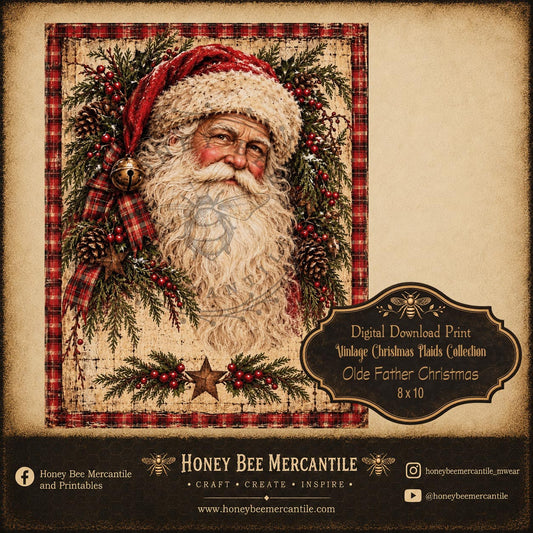 Vintage Christmas Plaids Collection, 8x10 Olde Father Christmas, St Nick, Digital Download, Printable, Decoupage, Craft Supplies