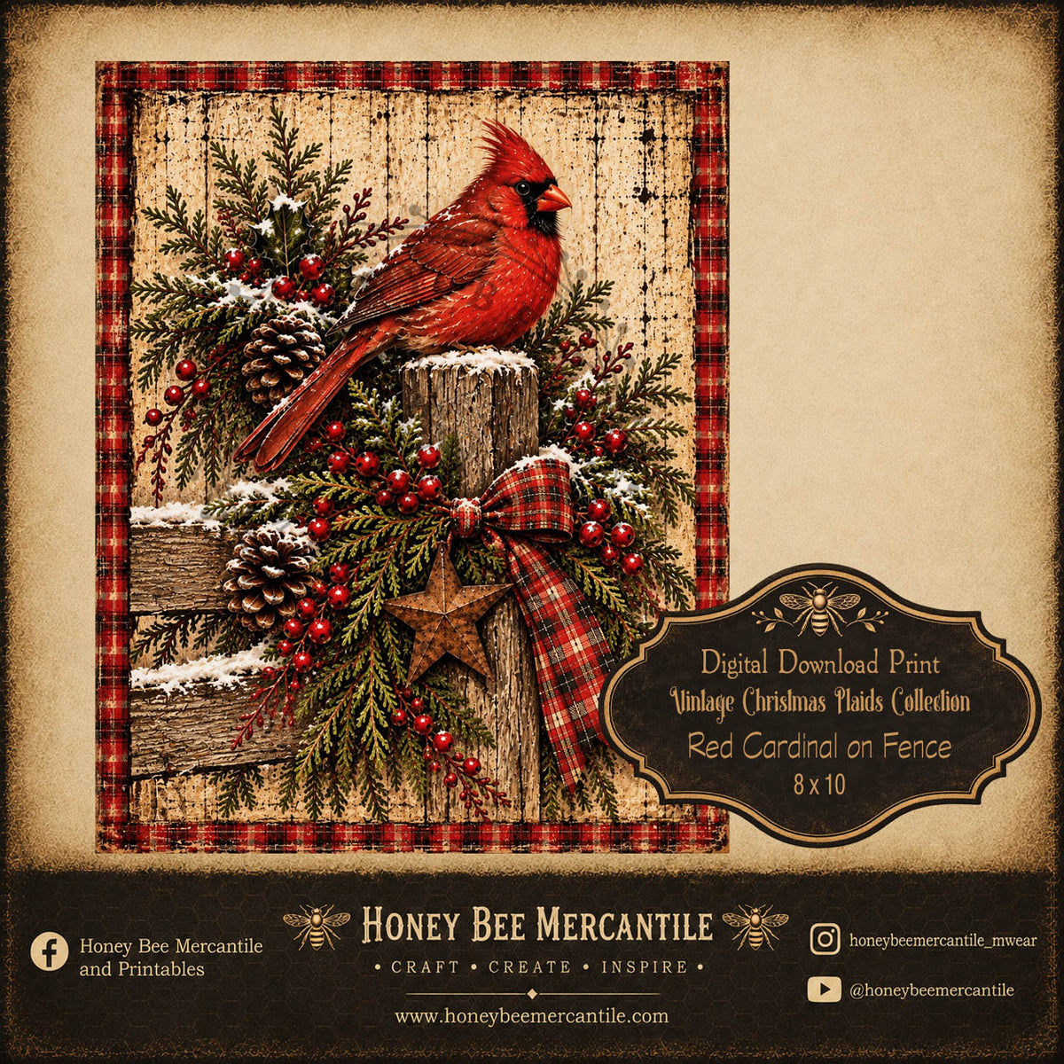 Vintage Christmas Plaids Collection, 8x10 Red Cardinal on Fence, Digital Download, Printable, Decoupage, Craft Supplies
