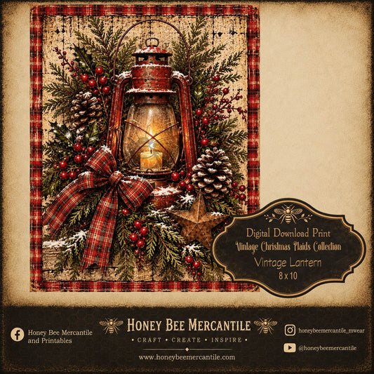 Vintage Christmas Plaids Collection, 8x10 Vintage Lantern Plaid, Digital Download, Printable, Decoupage, Craft Supplies
