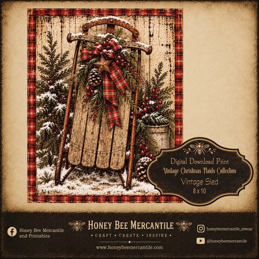 Vintage Christmas Plaids Collection, 8x10 Vintage Sled, Digital Download, Printable, Decoupage, Craft Supplies