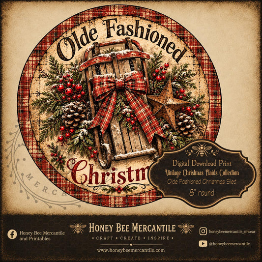 Vintage Christmas Plaids Collection, 8x8 Round Old Fashioned Christmas Sled, Digital Download, Printable, Decoupage, Craft Supplies