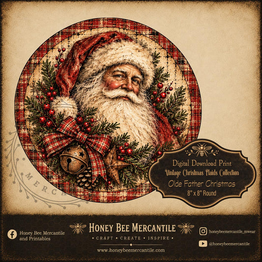 Vintage Christmas Plaids Collection, 8x8 Round Old Father Christmas, St Nick, Digital Download, Printable, Decoupage, Craft Supplies