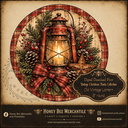 Vintage Christmas Plaids Collection, 8x8 Round Old Vintage Lantern, Digital Download, Printable, Decoupage, Craft Supplies