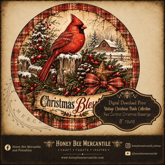 Vintage Christmas Plaids Collection, 8x8 Round Red Cardinal, Digital Download, Printable, Decoupage, Craft Supplies