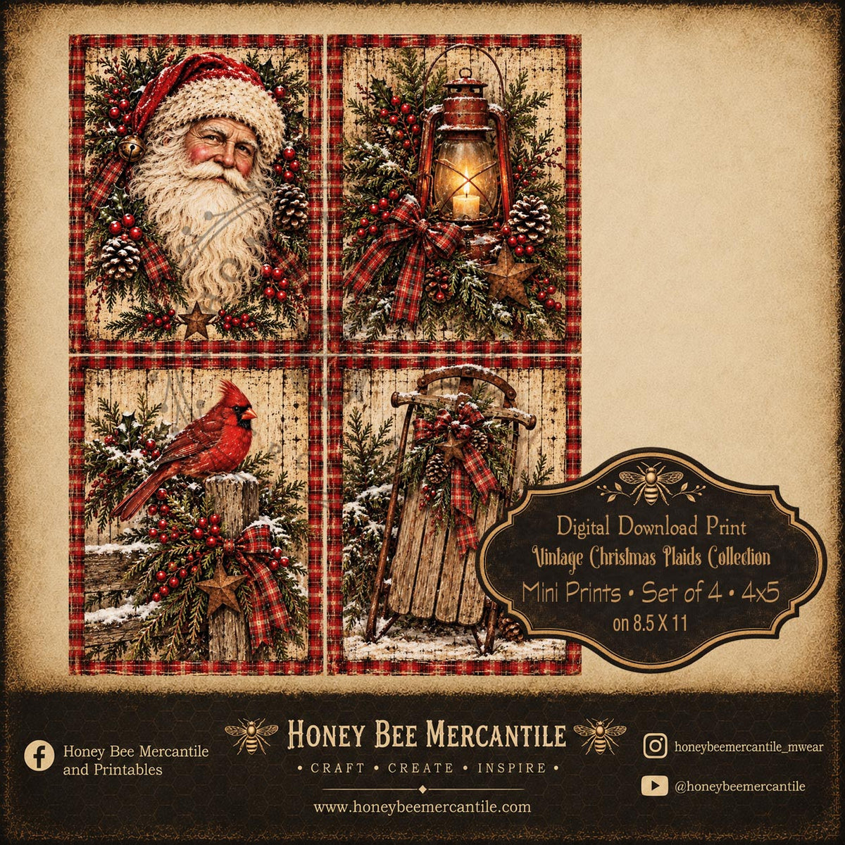 Vintage Christmas Plaids Collection, Mini Prints, 4x5, Set of 4, Digital Download, Printable, Decoupage, Craft Supplies