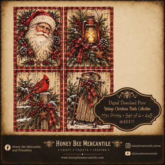 Vintage Christmas Plaids Collection, Mini Prints, 4x5, Set of 4, Digital Download, Printable, Decoupage, Craft Supplies