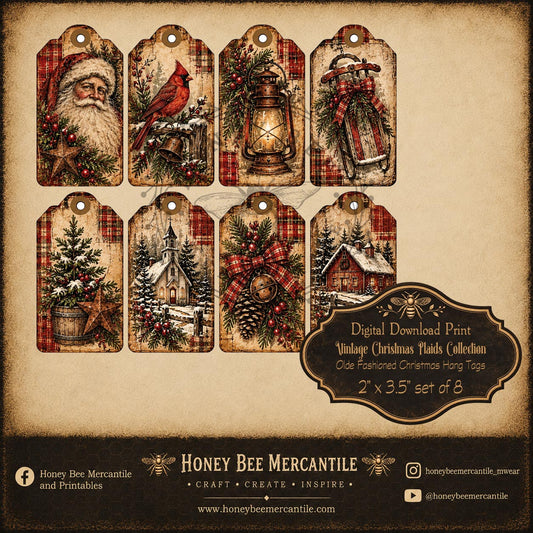 Vintage Christmas Plaids Collection, Old Fashioned Christmas Hang Tags, Set of 8, Digital Download, Printable, Decoupage, Craft Supplies