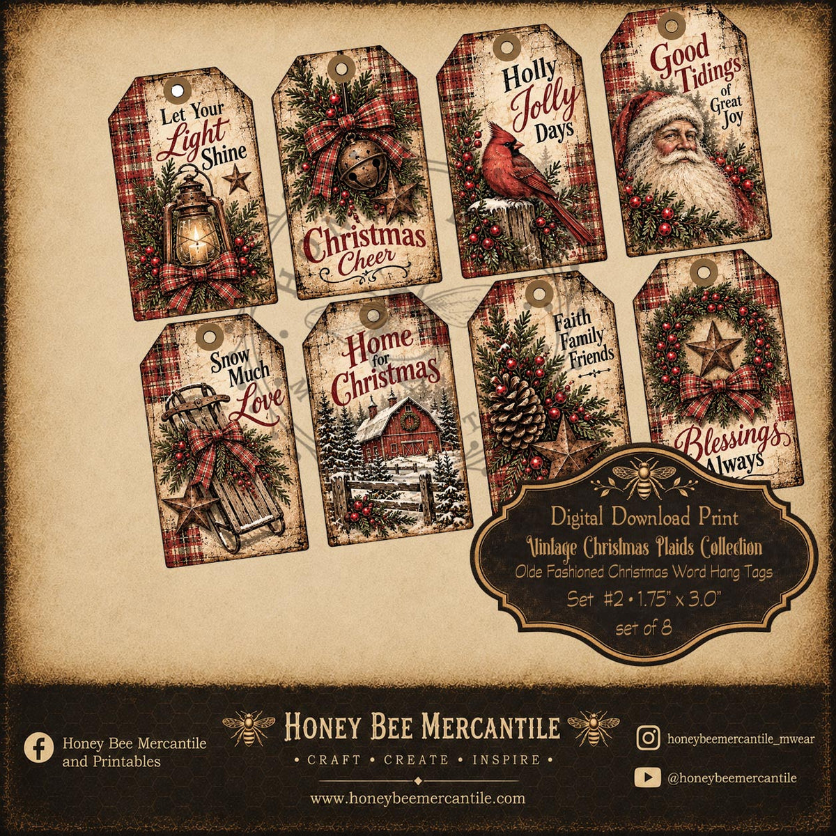 Vintage Christmas Plaids Collection, Old Fashioned Christmas Hang Tags, Digital Download, Printable, Decoupage, Craft Supplies, Set 2