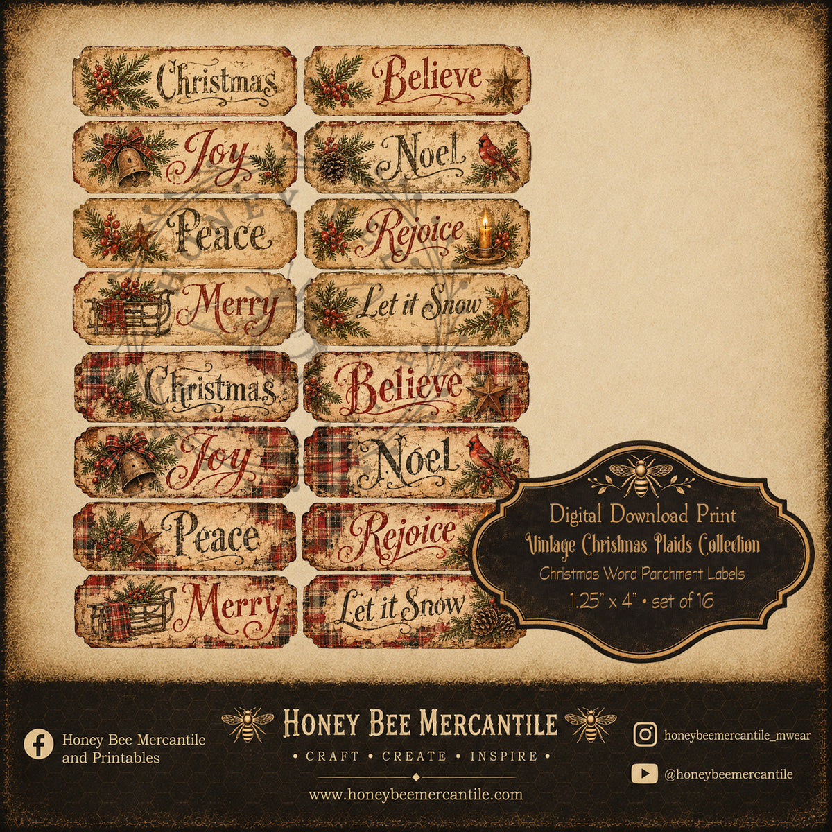 Vintage Christmas Plaids Collection, Set of 16 Word Parchment Labels, Digital Download, Printable, Decoupage, Craft Supplies