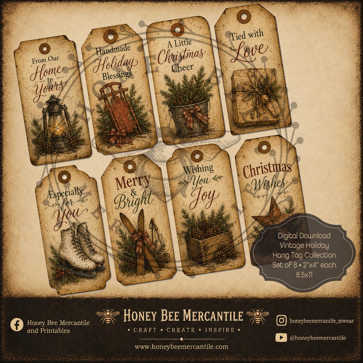 Vintage Holiday Hang Tag Collection, Set of 6, 2x4 inch Digital Download, Printable, Decoupage, Craft Supplies, Set 1