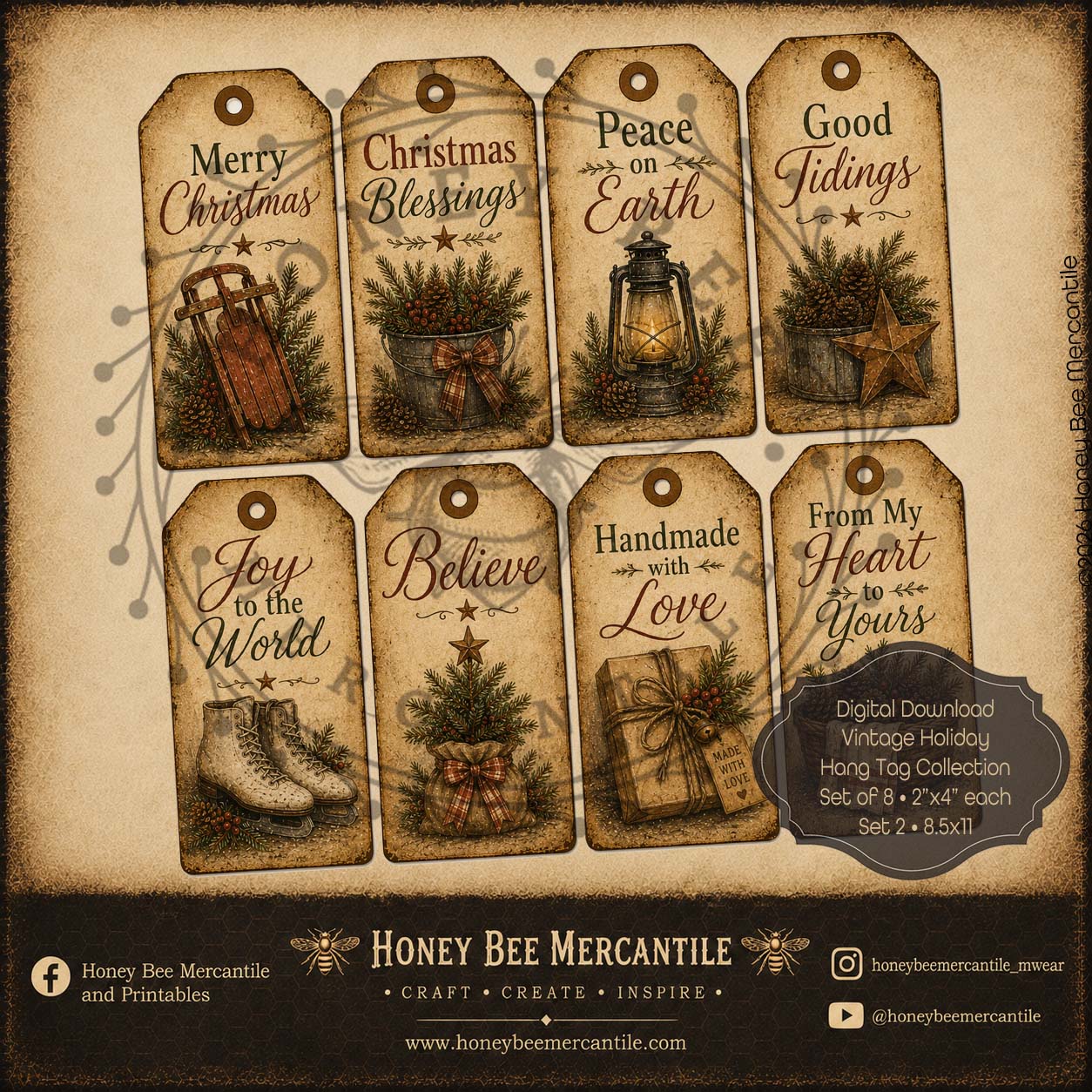 Vintage Holiday Hang Tag Collection, Set of 6, 2x4 inch Digital Download, Printable, Decoupage, Craft Supplies, Set 2