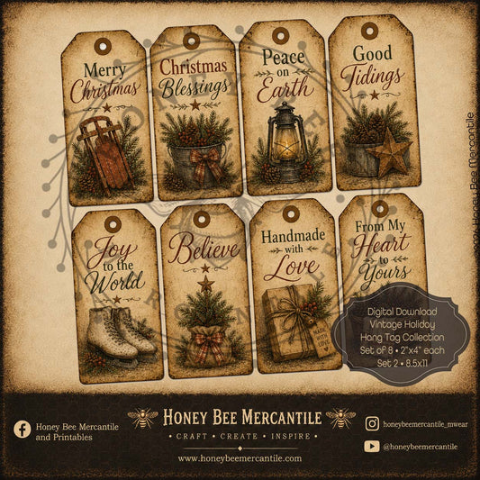 Vintage Holiday Hang Tag Collection, Set of 6, 2x4 inch Digital Download, Printable, Decoupage, Craft Supplies, Set 2