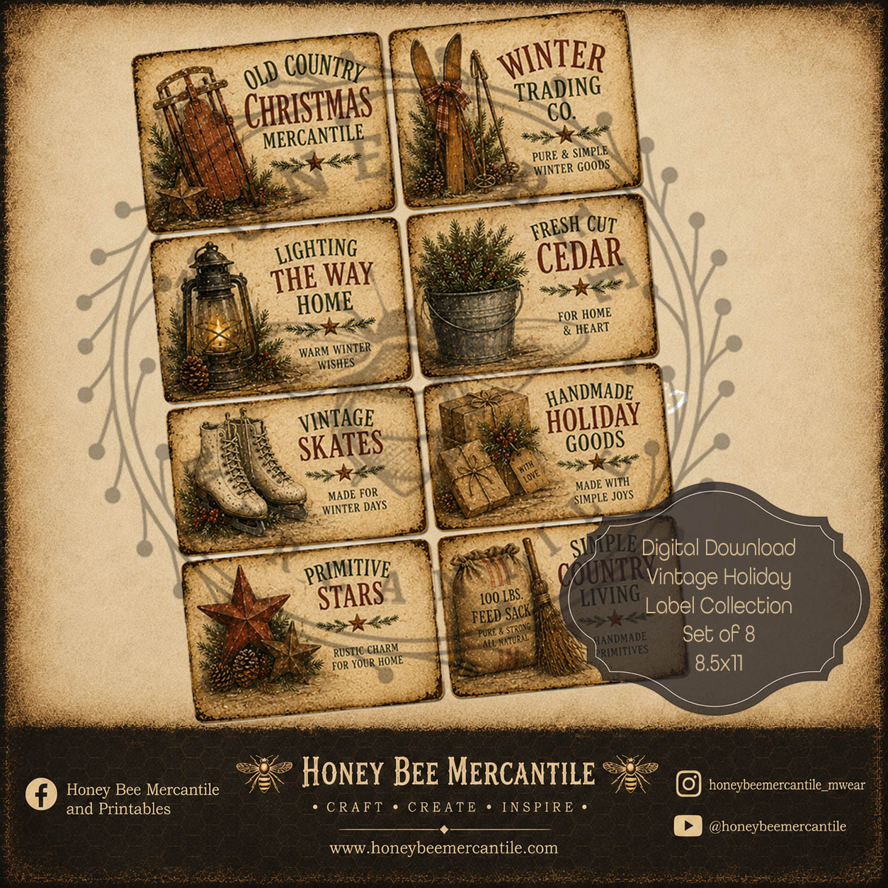 Vintage Holiday Label Collection, Set of 8, Digital Download, Printable, Decoupage, Craft Supplies, Set 1