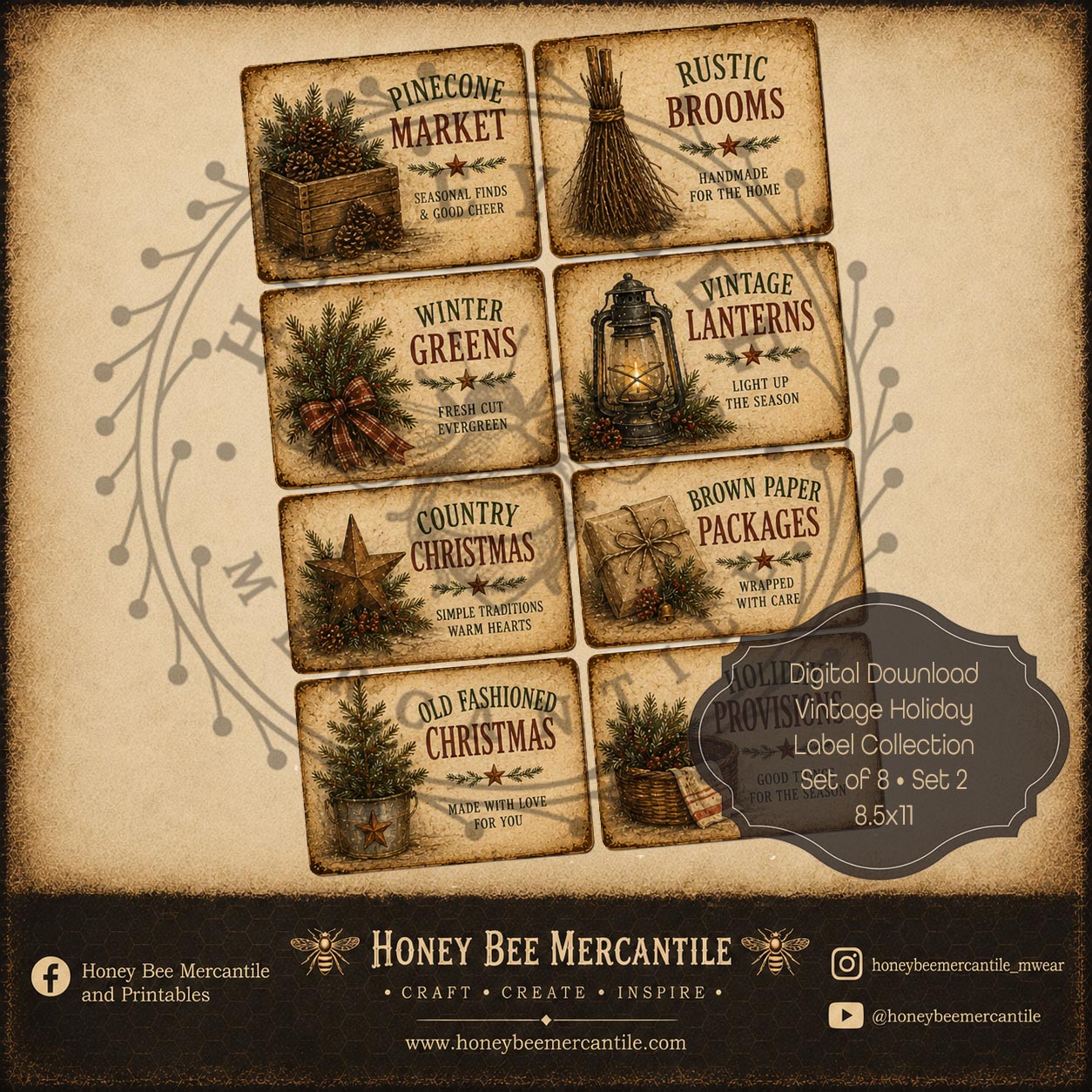 Vintage Holiday Label Collection, Set of 8, Digital Download, Printable, Decoupage, Craft Supplies, Set 2