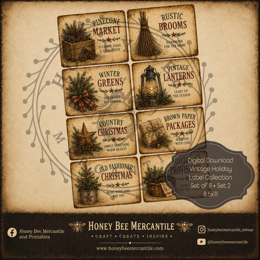 Vintage Holiday Label Collection, Set of 8, Digital Download, Printable, Decoupage, Craft Supplies, Set 2