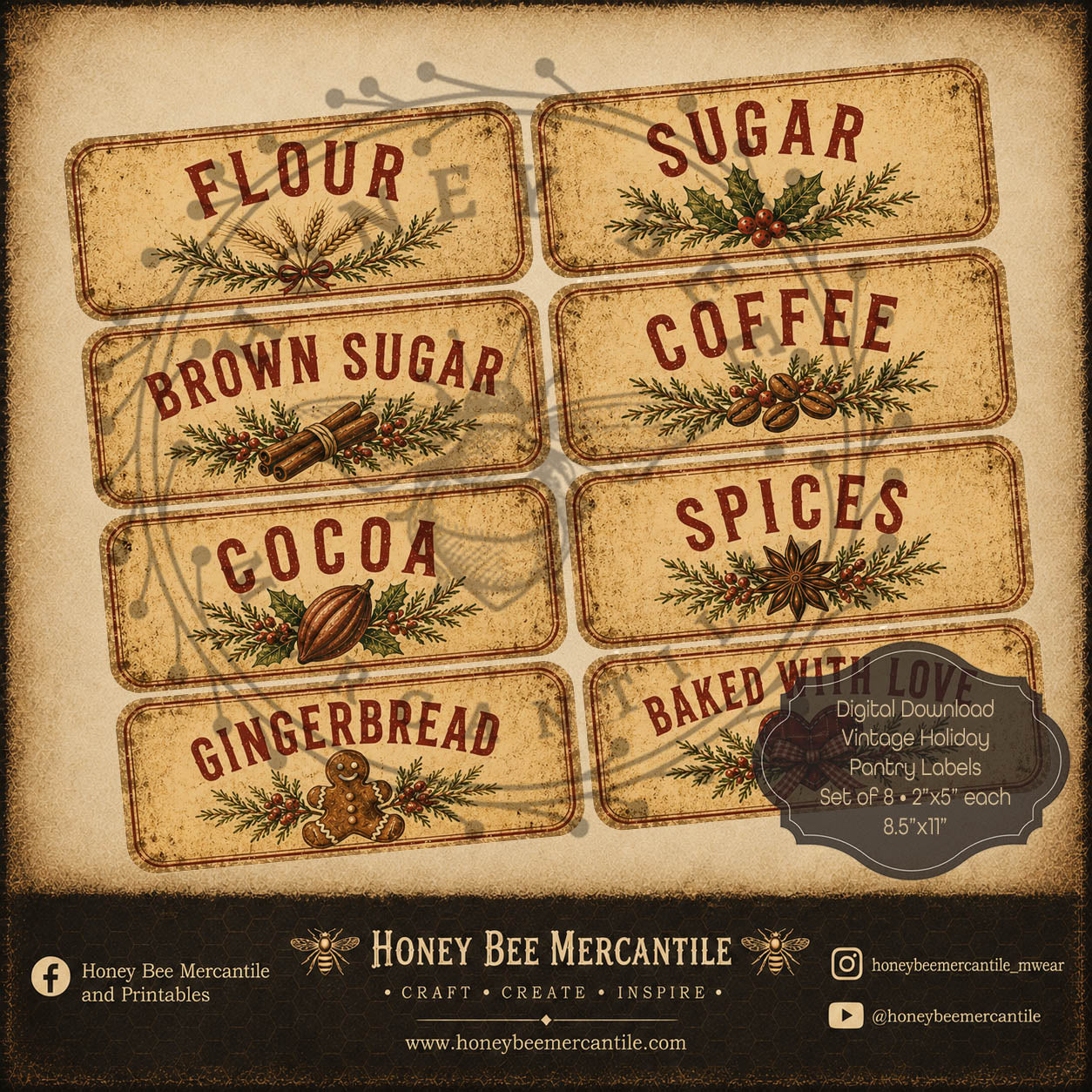 Vintage Holiday Collection, Pantry Labels, Set of 8, Digital Download, Printable, Decoupage, Craft Supplies