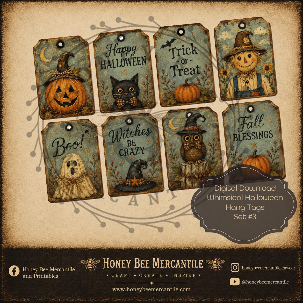 Whimsical Fall Halloween Tags, Digital Download, Printable, Decoupage, Craft Supplies, Set 3