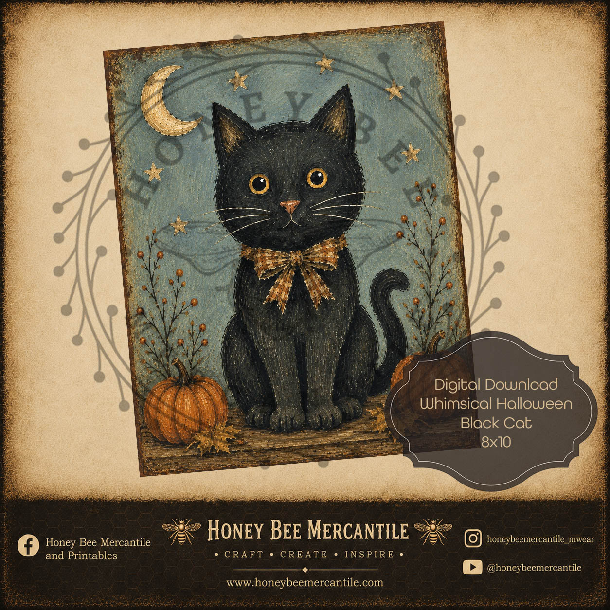Whimsical Fall Halloween Black Cat, 8x10, Digital Download, Printable, Decoupage, Craft Supplies