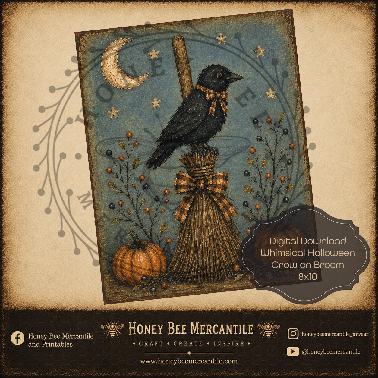 Whimsical Fall Halloween Crow on a Broom, 8x10, Digital Download, Printable, Decoupage, Craft Supplies