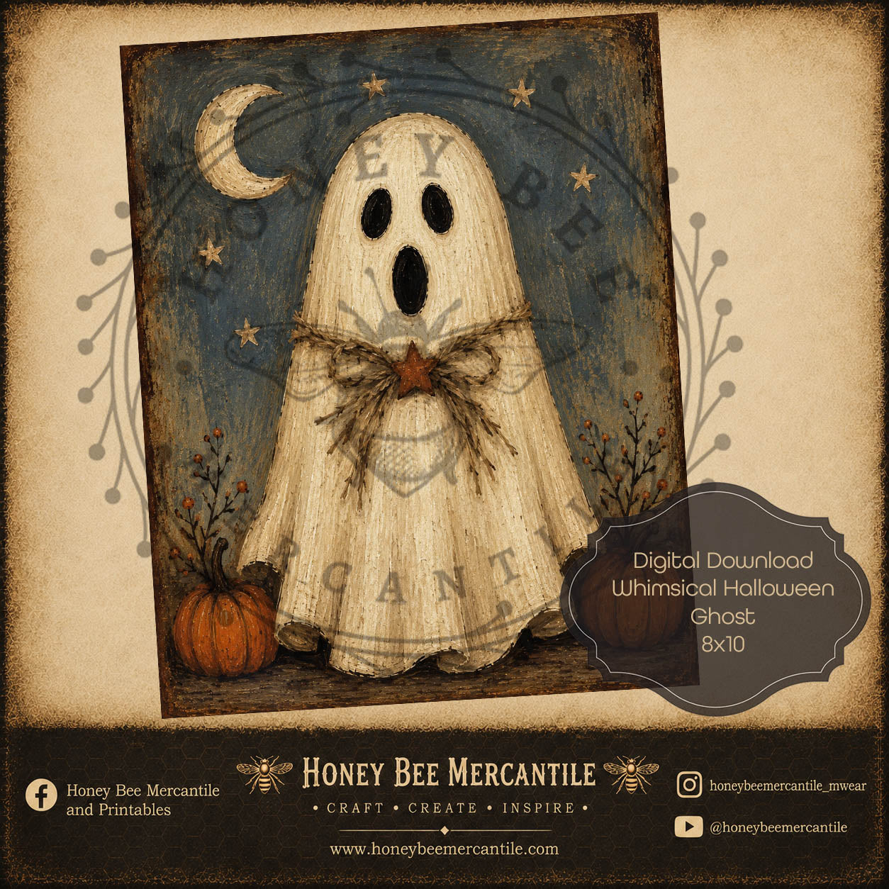 Whimsical Fall Halloween Ghost, 8x10, Digital Download, Printable, Decoupage, Craft Supplies