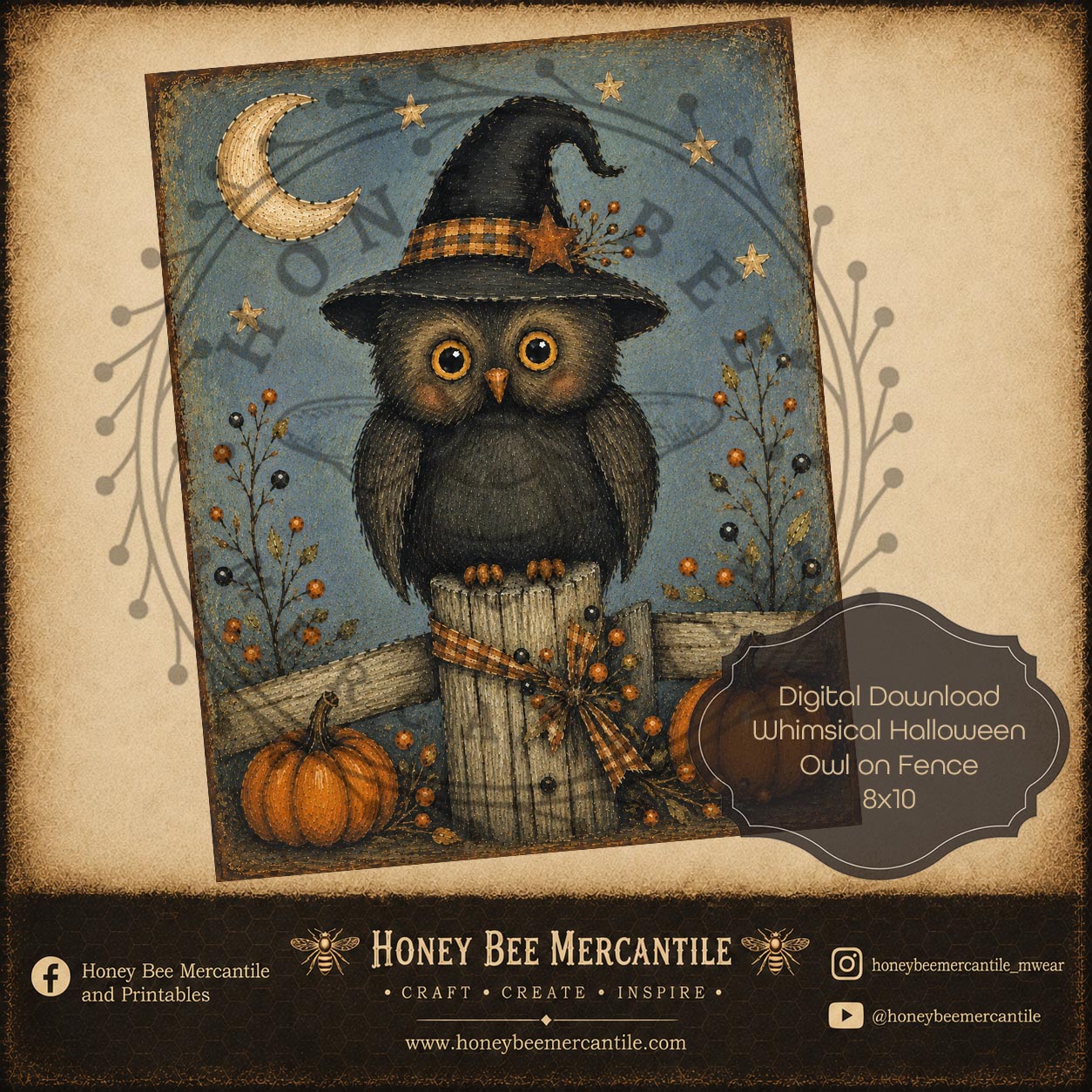 Whimsical Fall Halloween Owl on Fence, 8x10, Digital Download, Printable, Decoupage, Craft Supplies