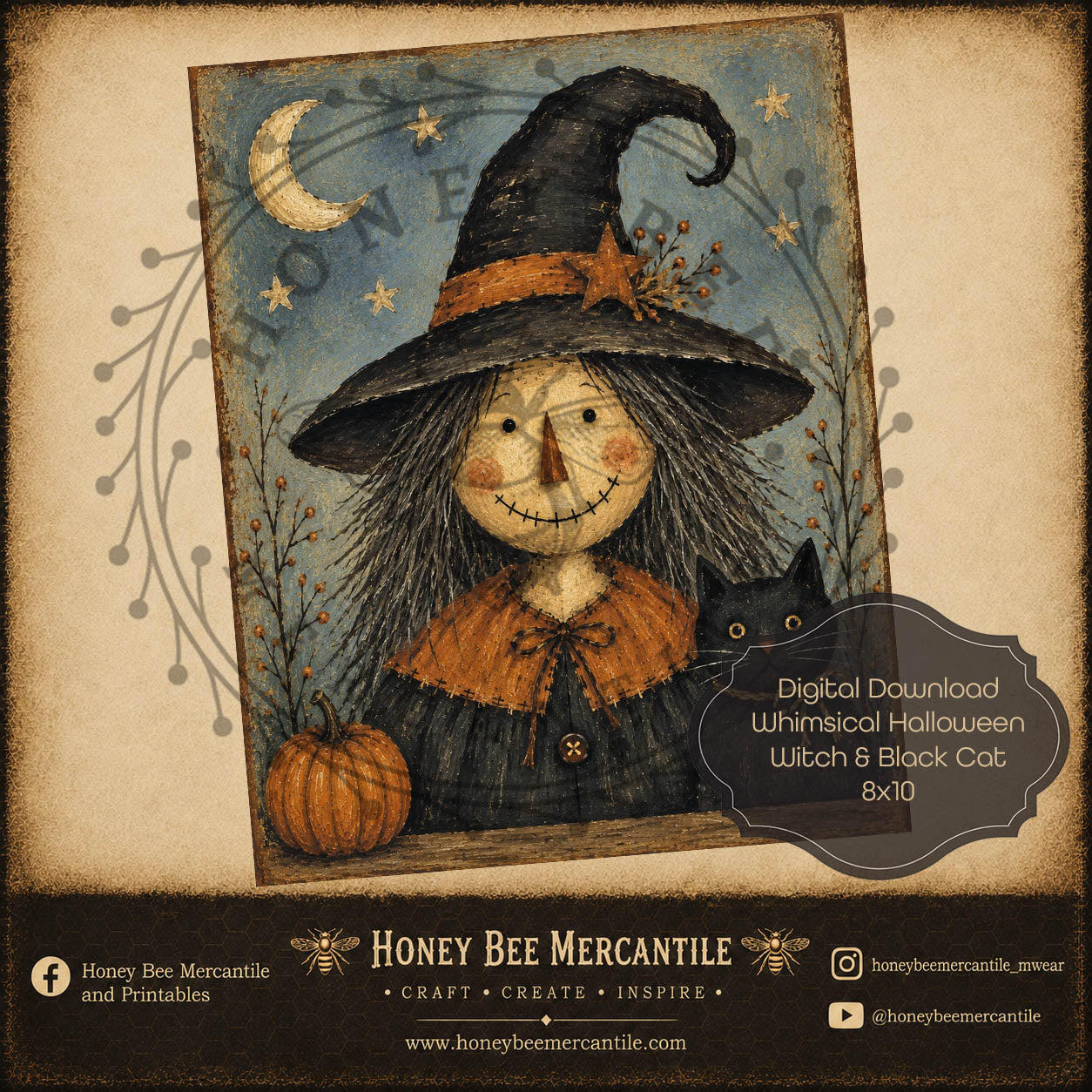 Whimsical Fall Halloween Witch and Black Cat, 8x10, Digital Download, Printable, Decoupage, Craft Supplies
