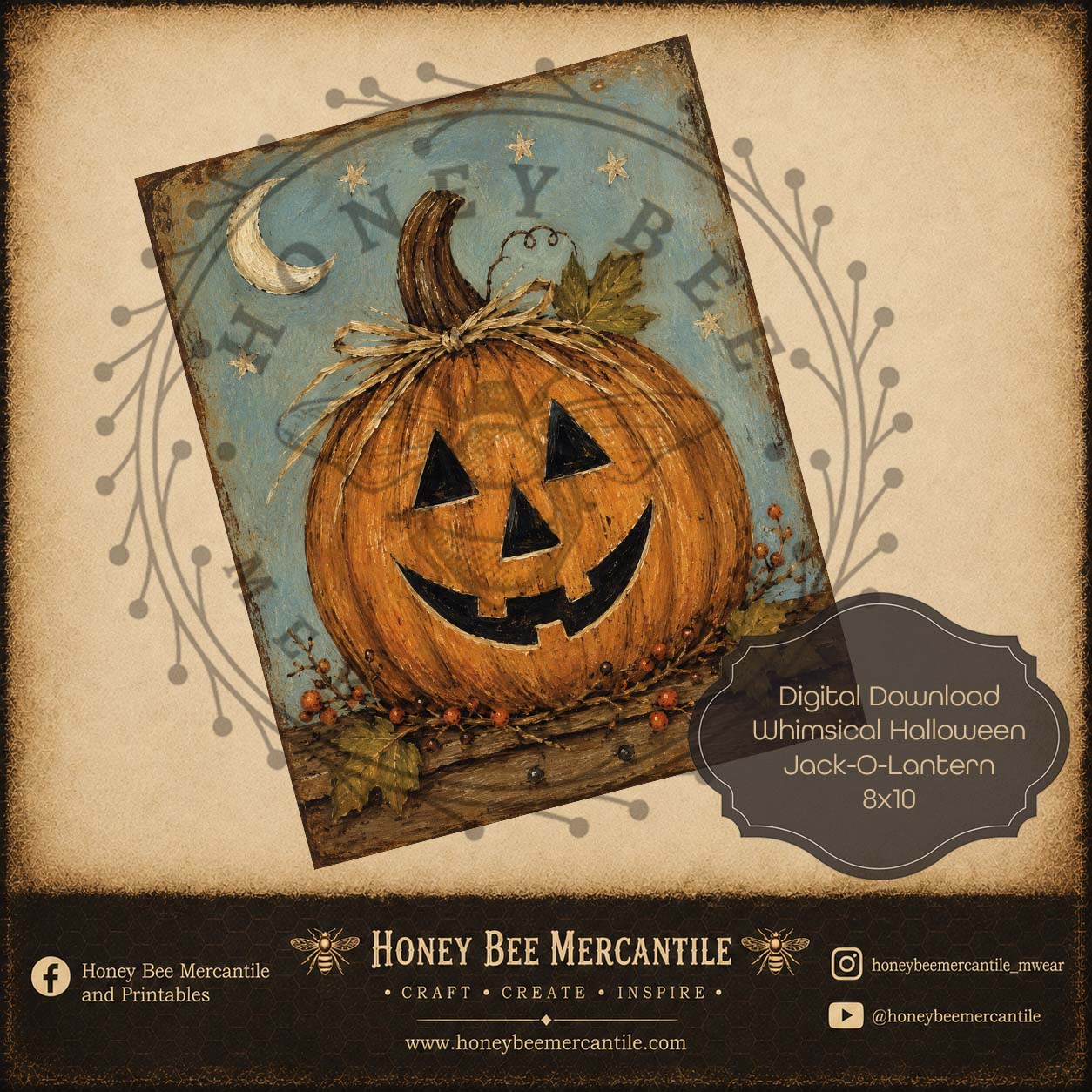 Whimsical Fall Halloween Jack O Lantern, 8x10, Digital Download, Printable, Decoupage, Craft Supplies