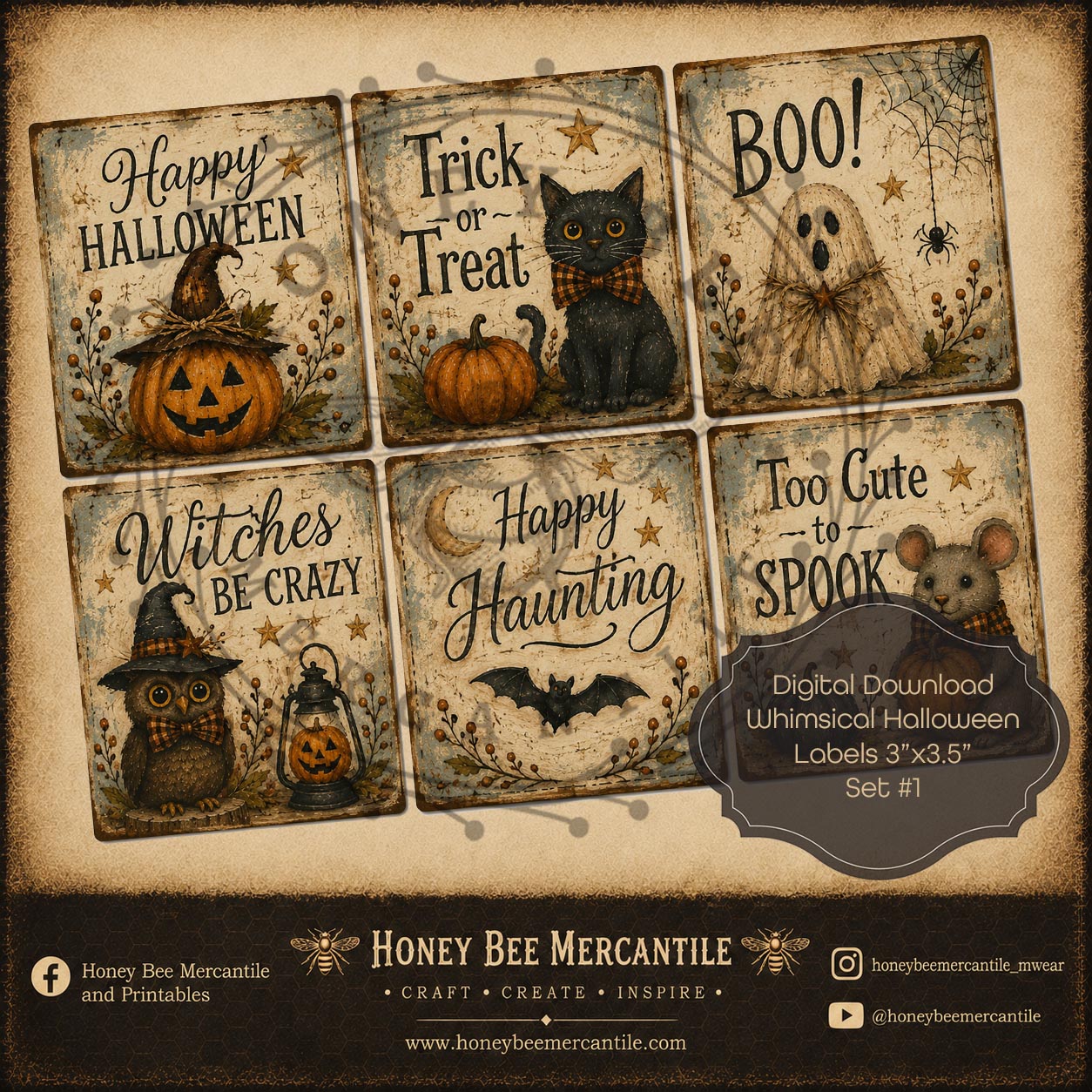 Whimsical Halloween Labels, 3x3.5, Digital Download, Printable, Decoupage, Craft Supplies, Set 1