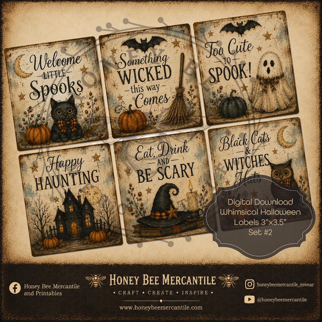 Whimsical Halloween Labels, 3x3.5, Digital Download, Printable, Decoupage, Craft Supplies, Set 2