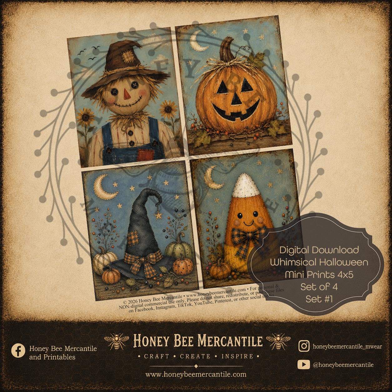 Whimsical Halloween Mini Prints, 4x5 size, Set of 4 Prints, Digital Download, Printable, Decoupage, Craft Supplies, Set 1