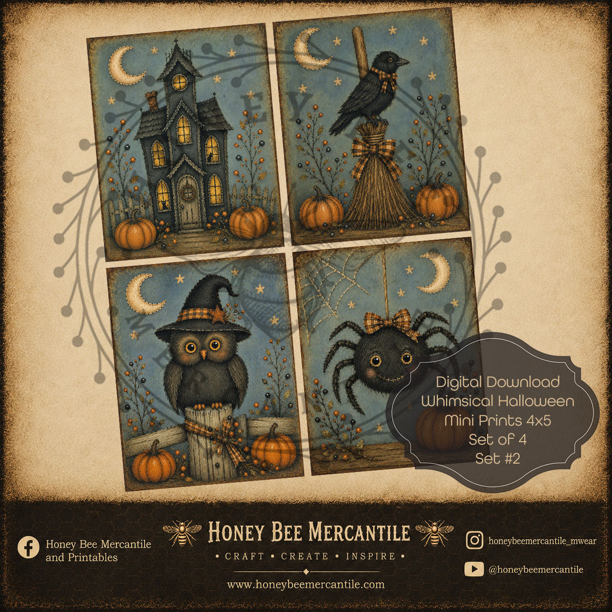 Whimsical Halloween Mini Prints, 4x5 size, Set of 4 Prints, Digital Download, Printable, Decoupage, Craft Supplies, Set 2