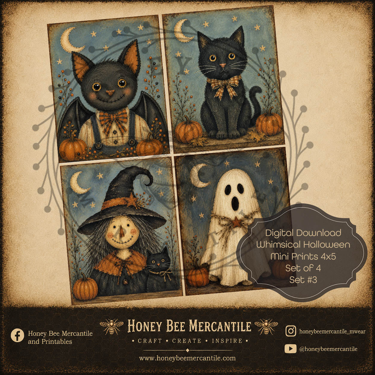 Whimsical Halloween Mini Prints, 4x5 size, Set of 4 Prints, Digital Download, Printable, Decoupage, Craft Supplies, Set 3