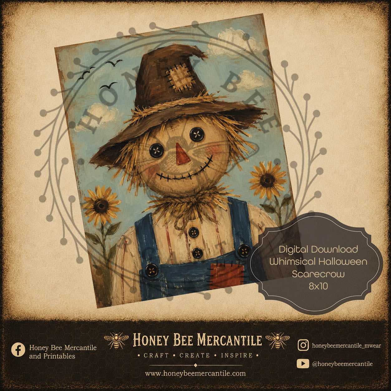 Whimsical Fall Halloween Scarecrow, 8x10, Digital Download, Printable, Decoupage, Craft Supplies
