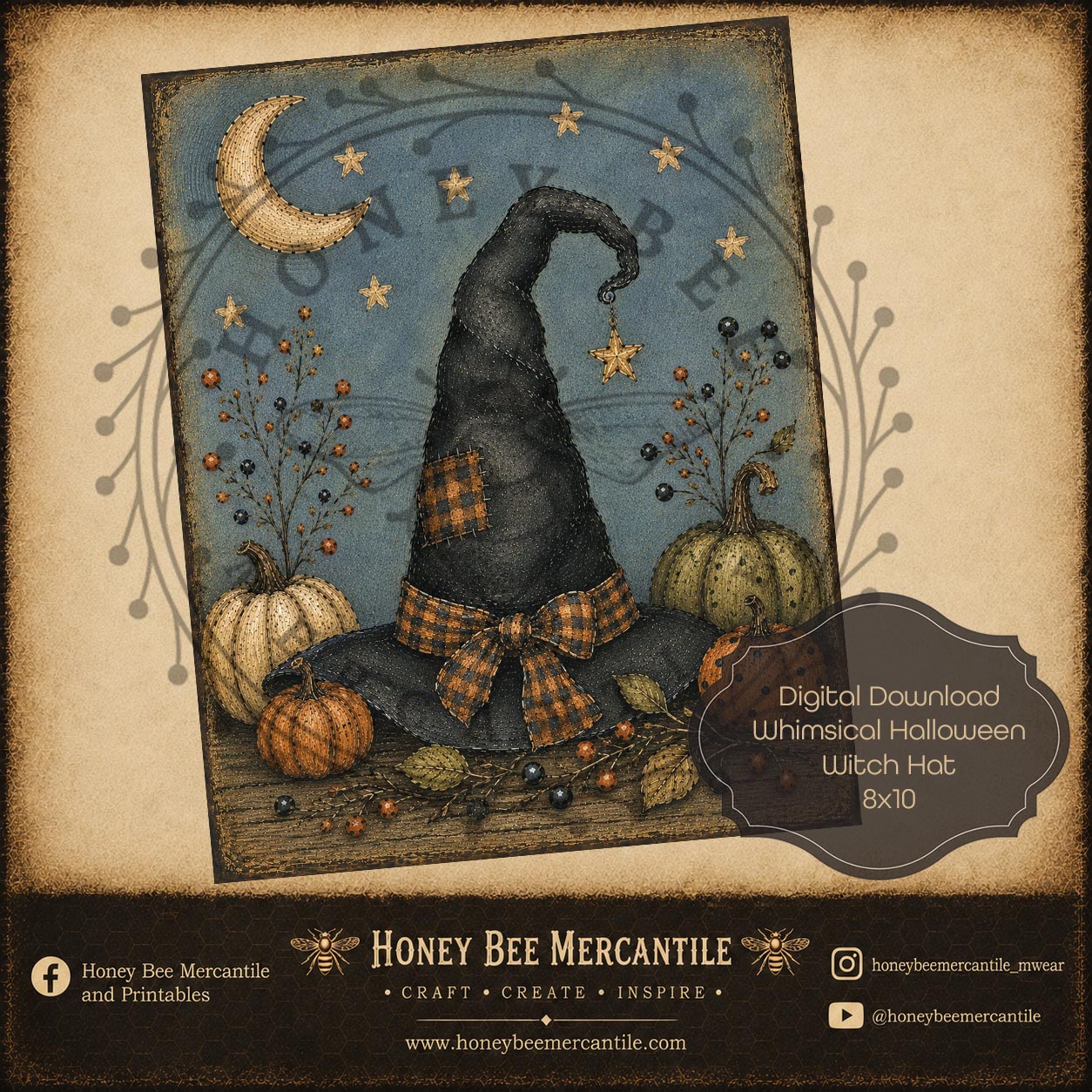 Whimsical Fall Halloween Witch Hat, 8x10, Digital Download, Printable, Decoupage, Craft Supplies
