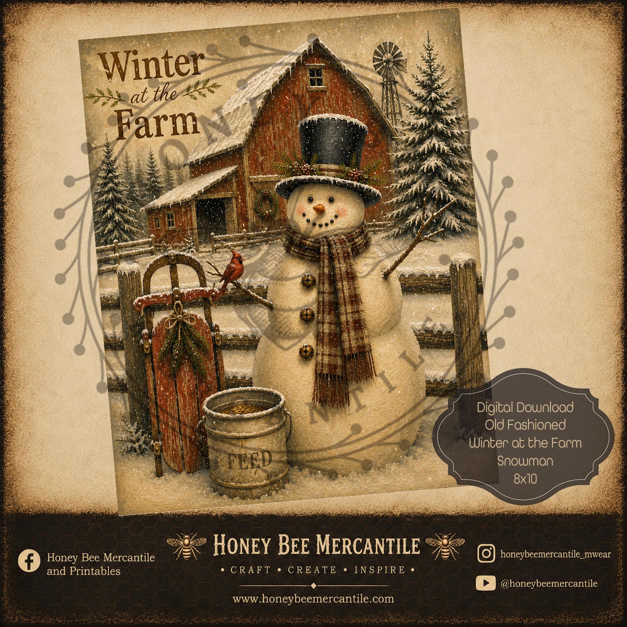 Winter at the Farm, Snowman, 8x10, Digital Download, Printable, Decoupage, Craft Supplies