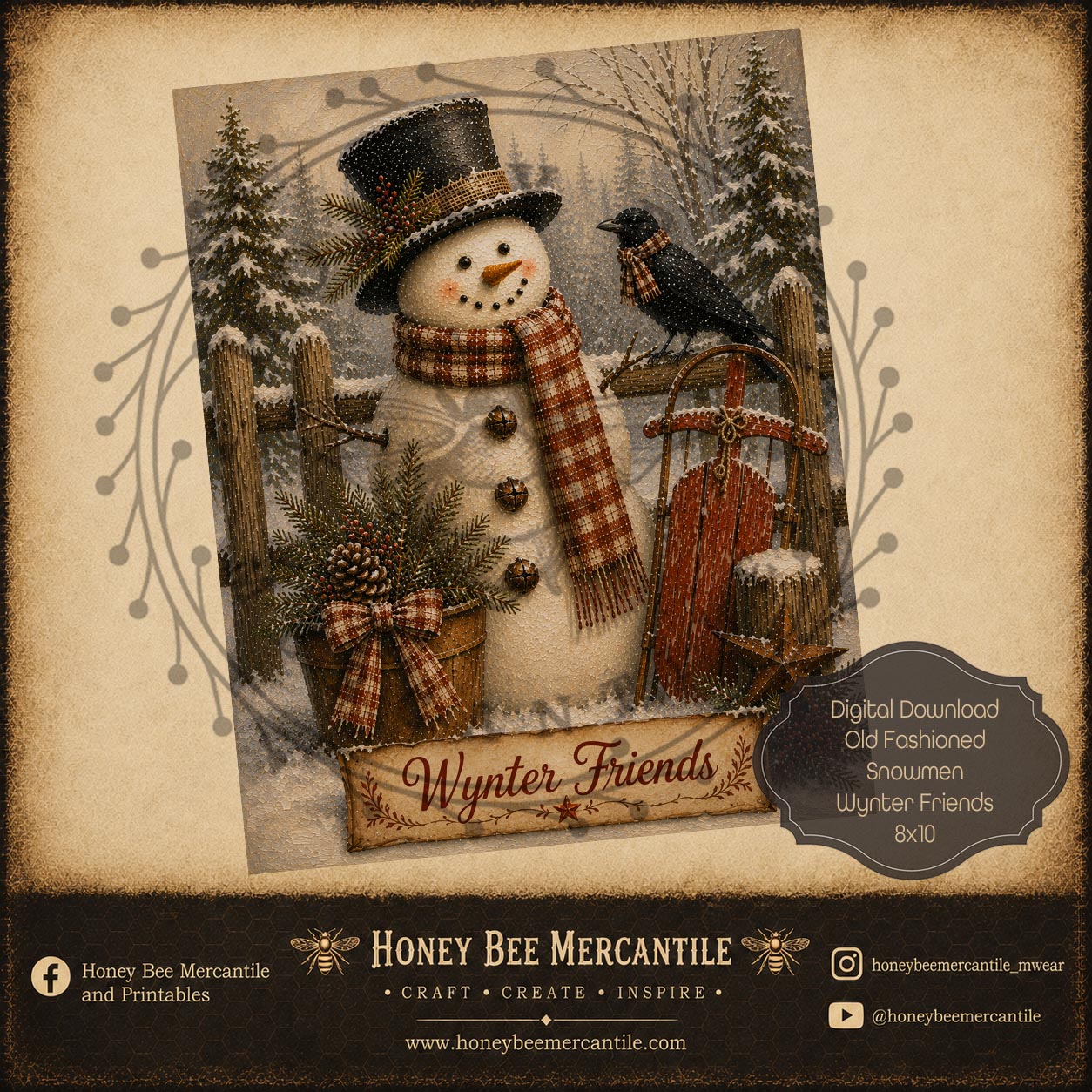 Wynter Friends, Snowman and Crow, 8x10, Digital Download, Printable, Decoupage, Craft Supplies