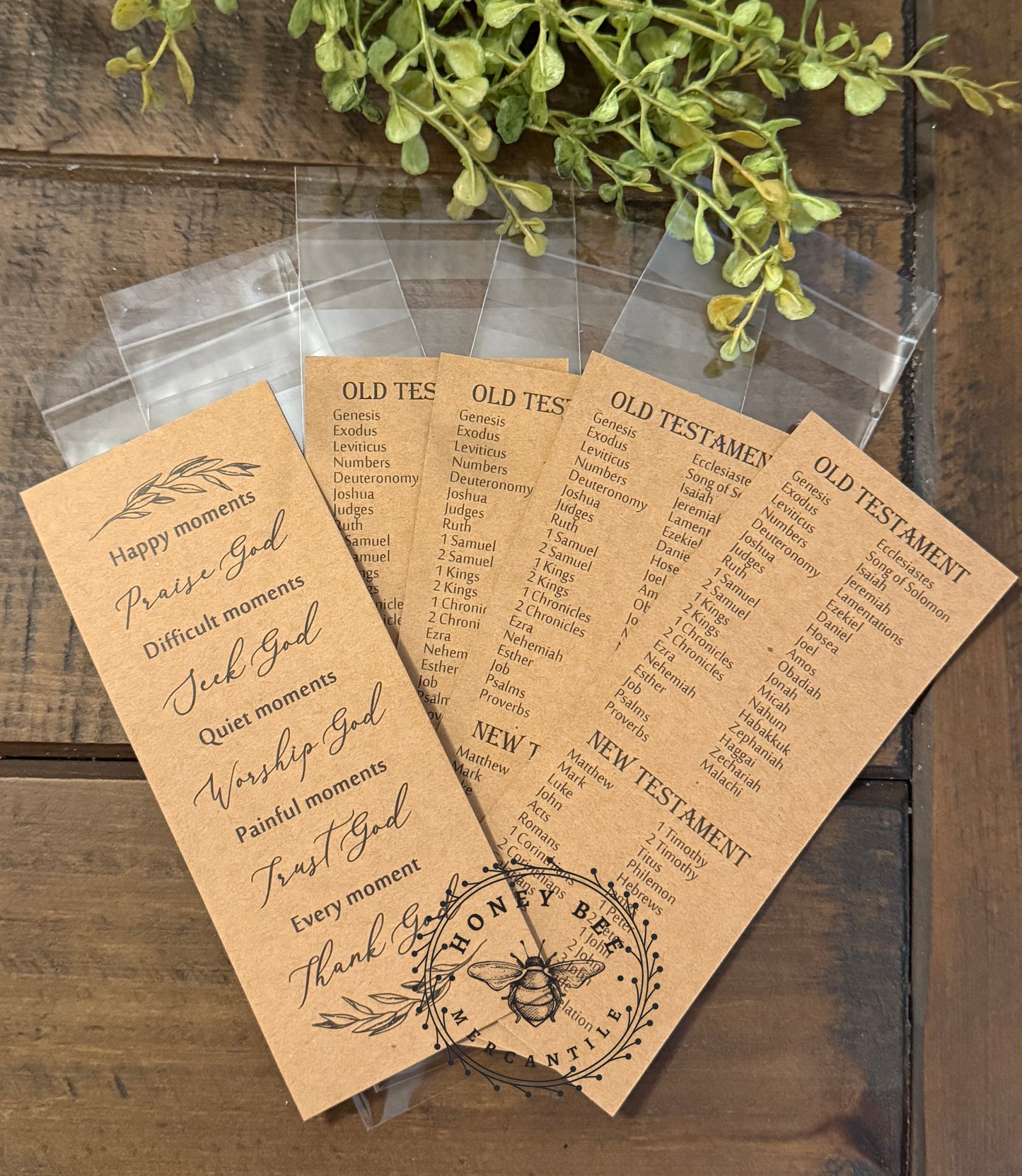 Scripture Bookmark Set of 5 | Books of the Bible & Faith Reminder | Rustic Kraft Paper