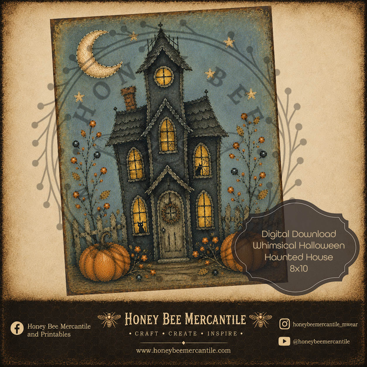 Whimsical Fall Halloween Haunted House, 8x10, Digital Download, Printable, Decoupage, Craft Supplies