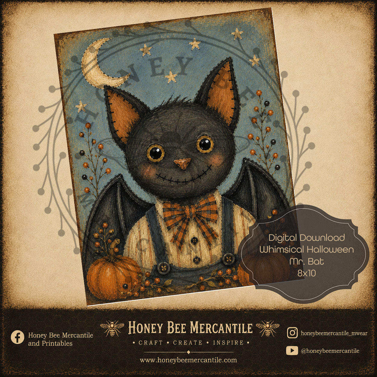 Whimsical Fall Halloween Mr. Bat, 8x10, Digital Download, Printable, Decoupage, Craft Supplies