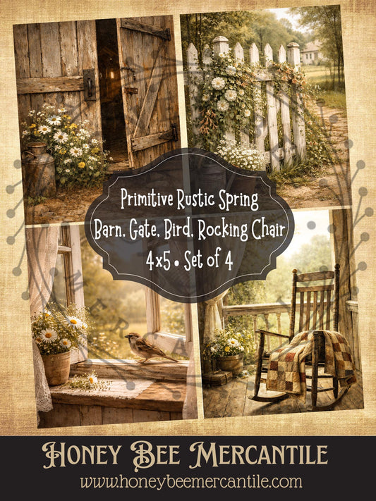 RICE PAPER PRINT 4x5 Vintage Primitive Easter Spring Prints, Quilt, Barn, Gate, Craft Supplies, Decoupage, Folk-art, Set of 4