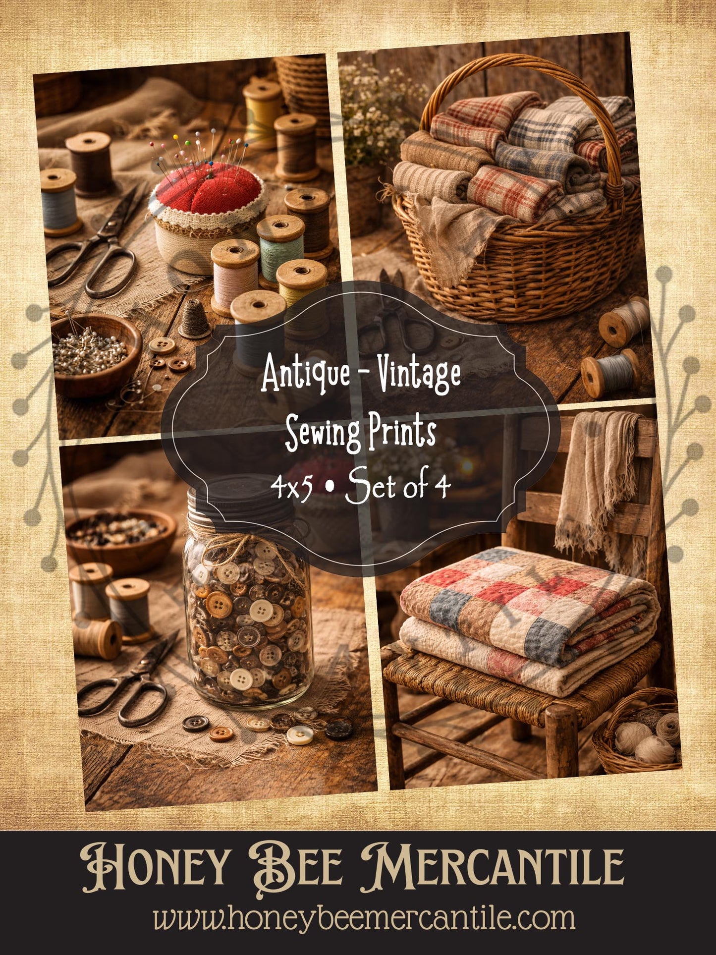 4x5 Vintage Sewing Prints Notions, Basket of Fabric, Quilt, Digital Download, Printable, Decoupage, Primitive, Craft Supplies, Set of 4