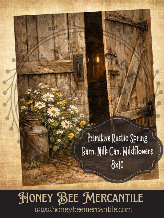 8"x10" RICE PAPER PRINT Rustic Spring Barn, Milk Can and Wildflowers Print, Decoupage, Folk-art