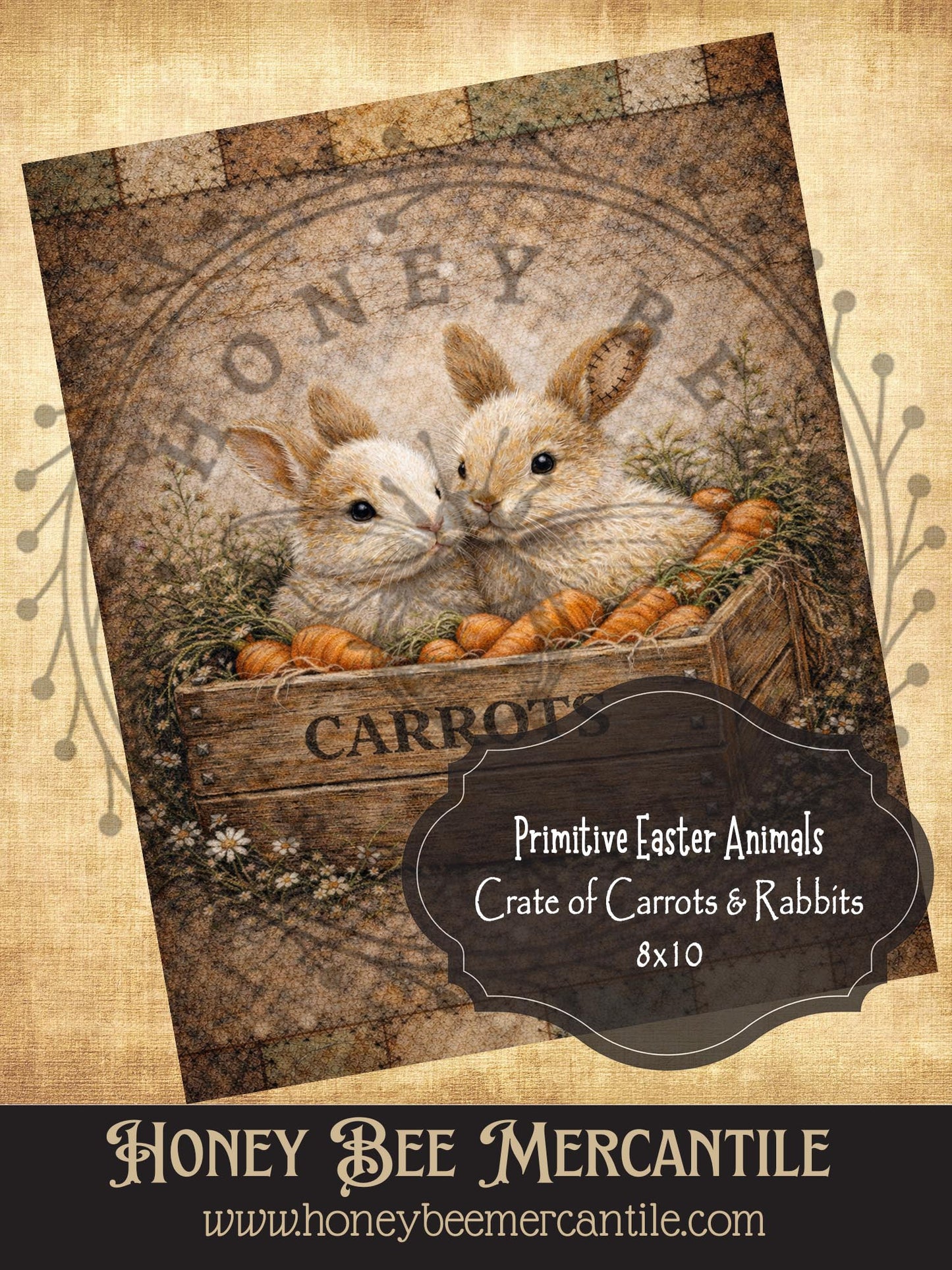 8"x10" RICE PAPER PRINT Rustic Spring Rabbit and Carrots in Crate, Print, Decoupage, Folk-art