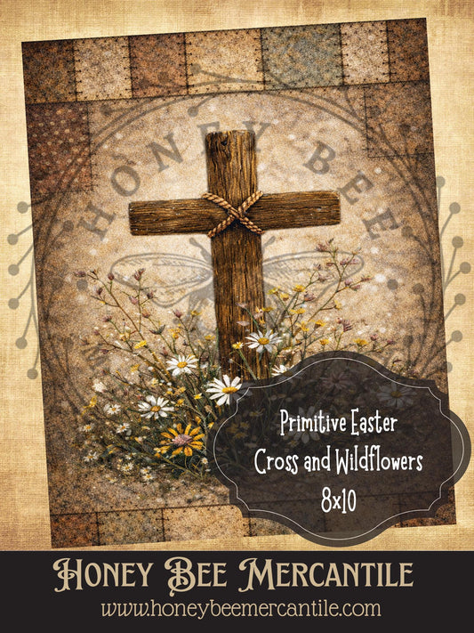 8"x10" RICE PAPER PRINT Rustic Spring Easter Cross and Wildflowers, Print, Decoupage, Folk-art